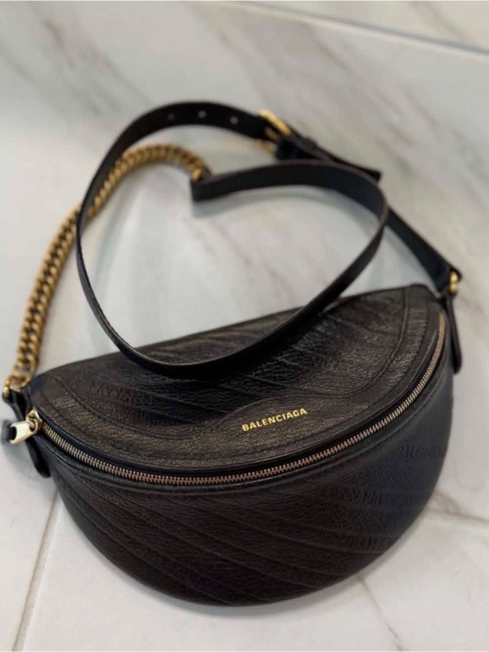 Balenciaga Black Leather Crescent Bag with Gold Chain Strap